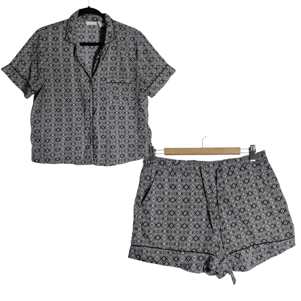 Haute Hippie Pajama Set Black White Geometric Floral Shorts Top Medium